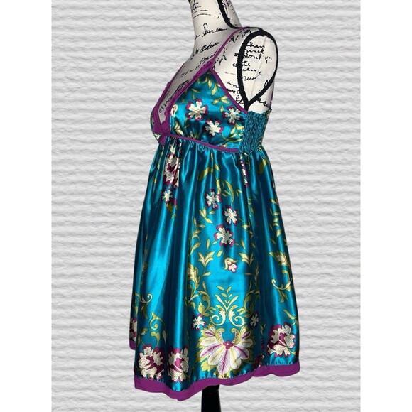Vtg Y2K Wet Sea Satin Babydoll Mini Slip Dress MED Teal Purple Floral Smocked - Picture 3 of 11